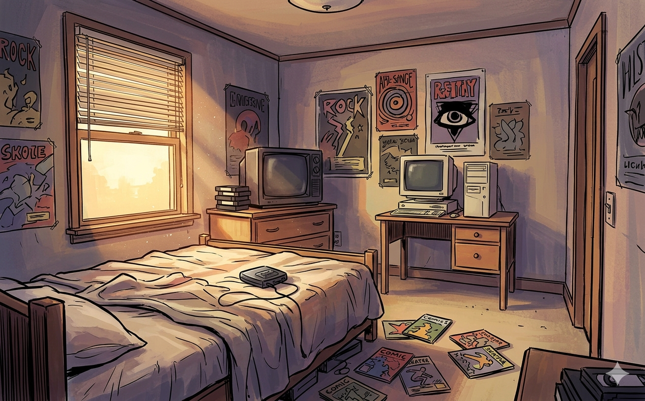 A 1996 kid's bedroom — band posters on the wall, scattered comics, late-afternoon light through the blinds