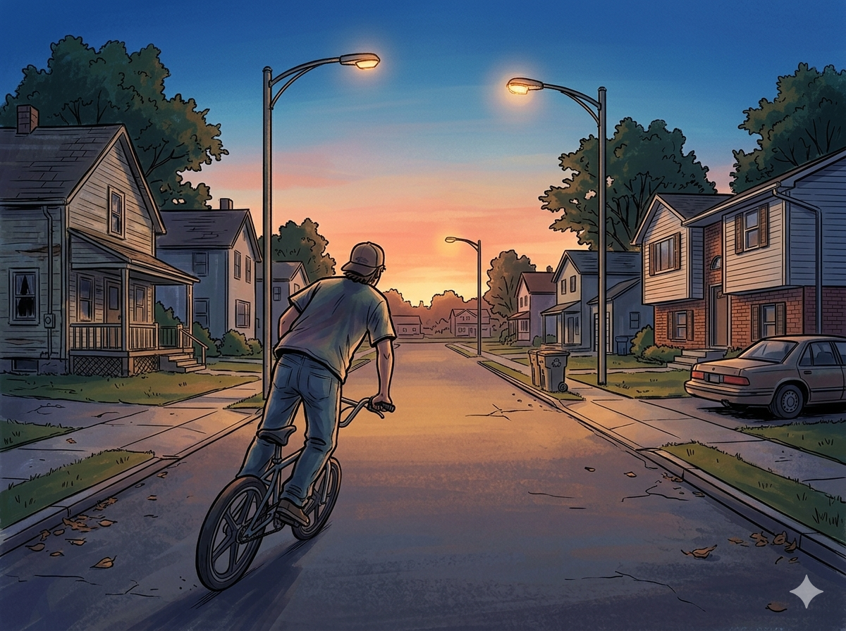 A kid on a bike at twilight on a rust-belt suburb street