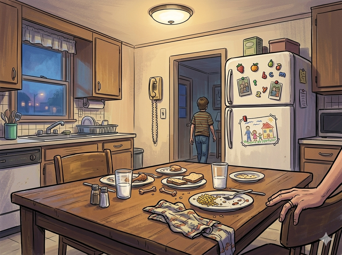 Family kitchen at dinnertime, 1996