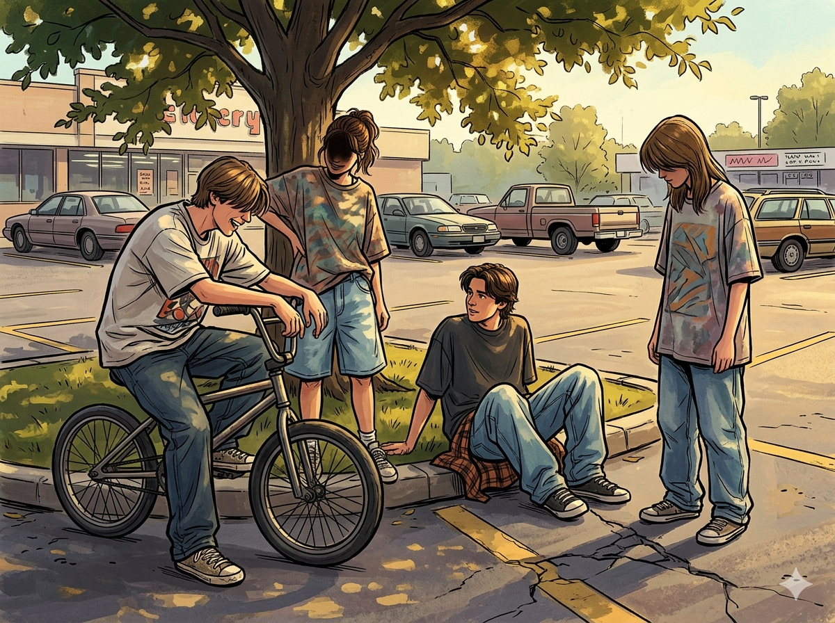 A small group of kids hanging out in a parking lot