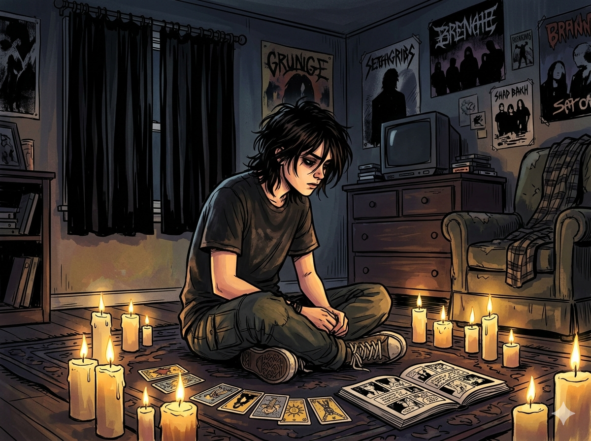 A goth kid by candlelight in their room with tarot cards
