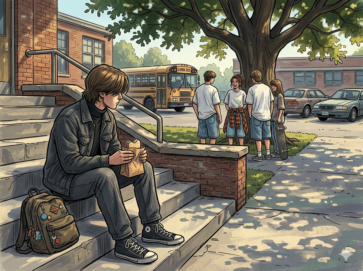 A new kid eating lunch alone on the school steps