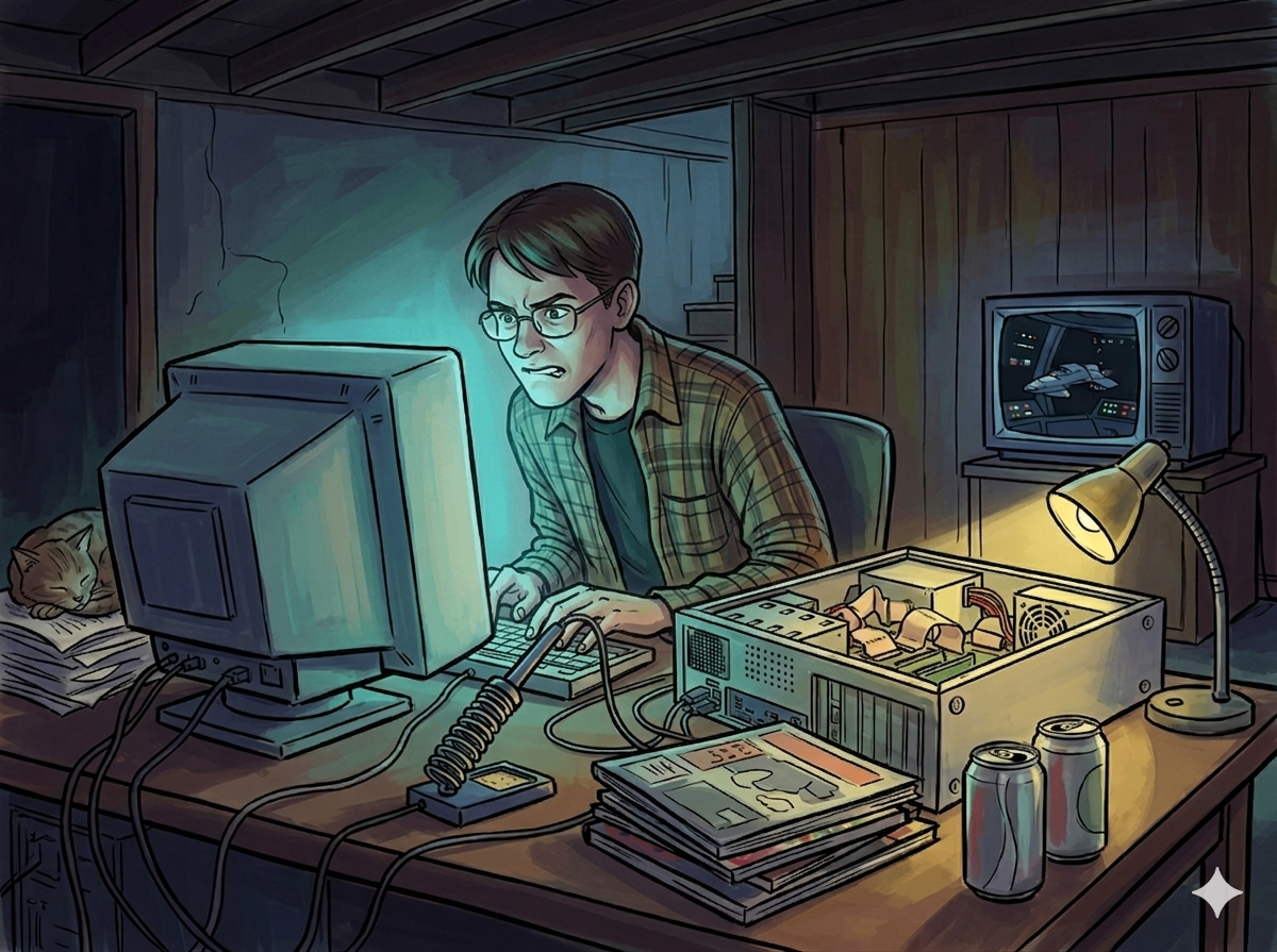 A kid at a CRT in a dim basement, wires everywhere, late at night