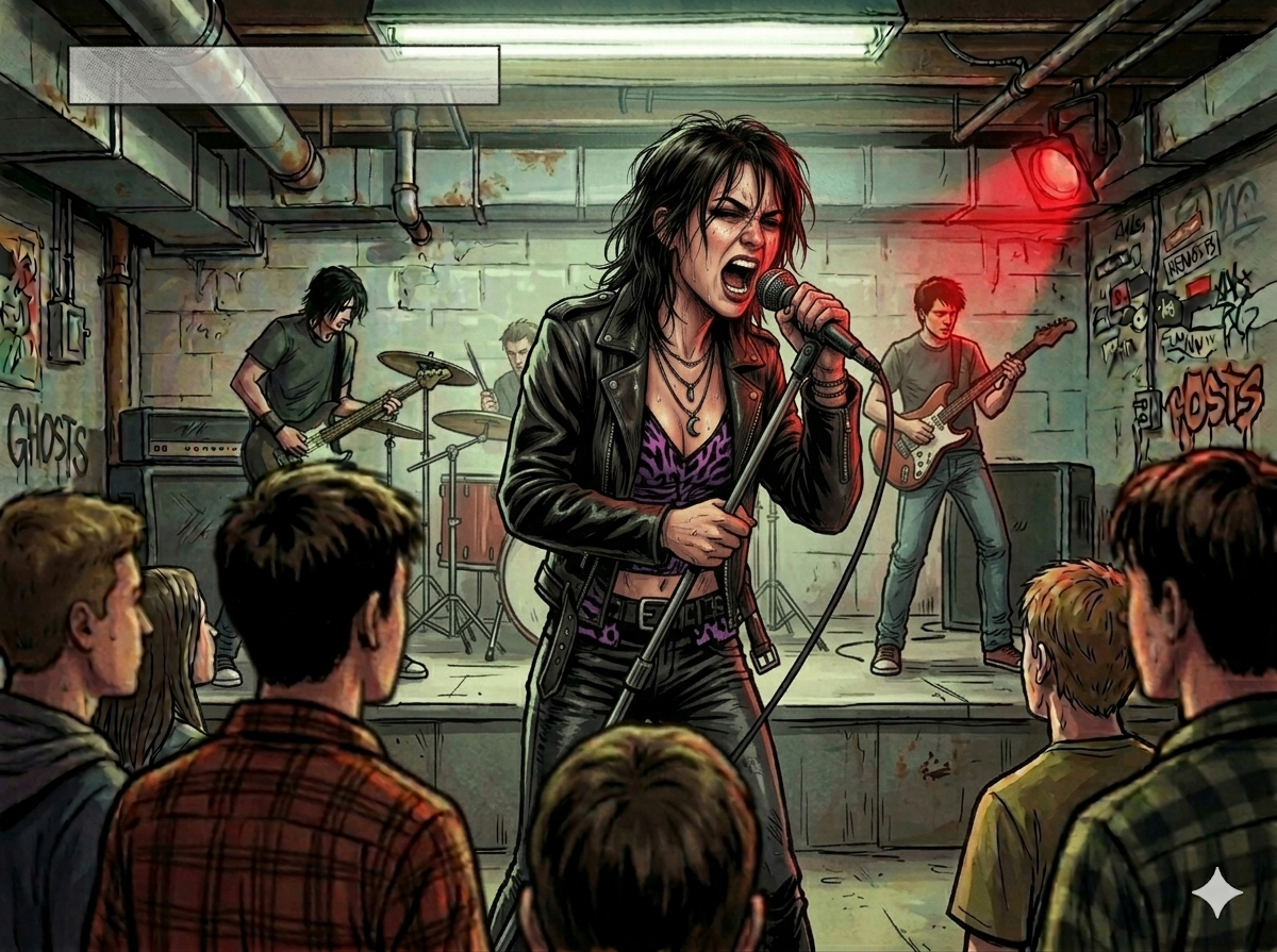 A garage-band frontperson mid-shout at a basement show