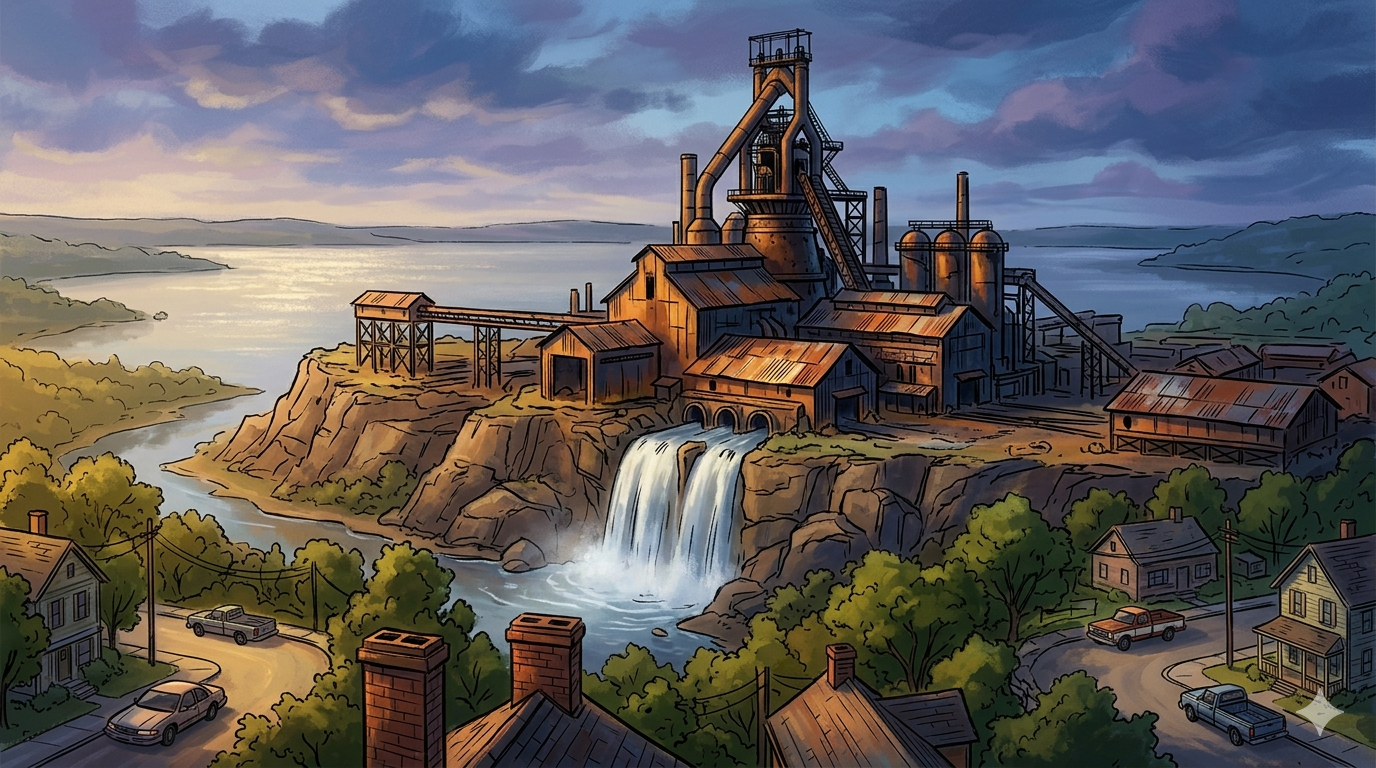 Wide vista of Mercer Falls — the dead steel mill atop a rocky bluff with falls cascading from beneath it, the lake stretching to the north horizon, downtown rooftops in the foreground at twilight