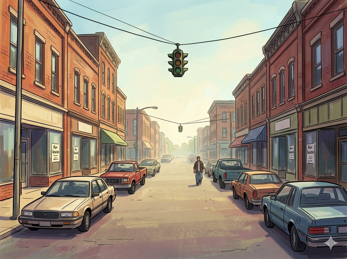 Main Street in Mercer Falls — brick storefronts with for-lease signs, parked early-90s sedans and pickups, a single pedestrian walking down the middle of the street through summer haze