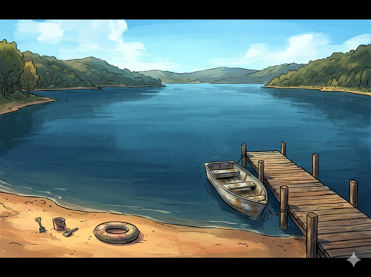 The glacial lake in summer — deep blue water, wooded hills wrapping the far shore, a worn wooden dock with an aluminum rowboat at the foreground beach with sand toys