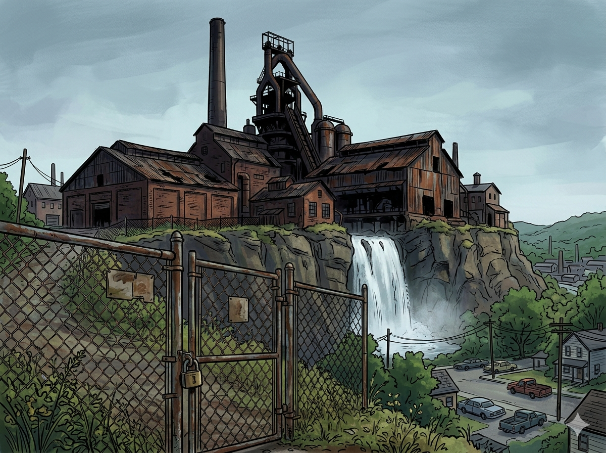 The dead Mercer Steel Works mill viewed from the overlook park — blast furnace stack rising over weathered brick buildings, falls cascading at the base of the bluff, a chain-link gate padlocked in the foreground under an overcast sky