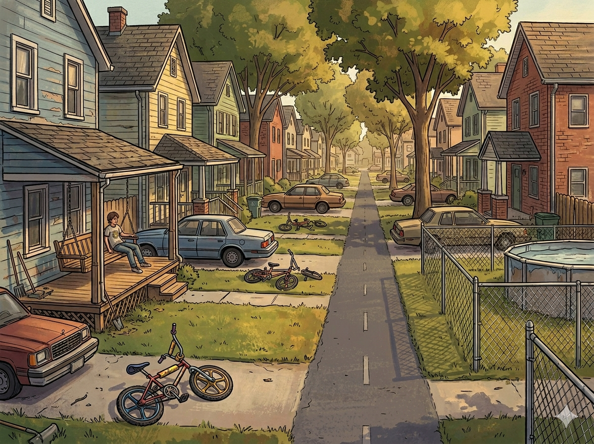 A working-class street in the Flats — modest two-story houses lining the road, kids' bikes lying on driveways, an above-ground pool behind chain-link, a teenager on a porch swing in the late afternoon light