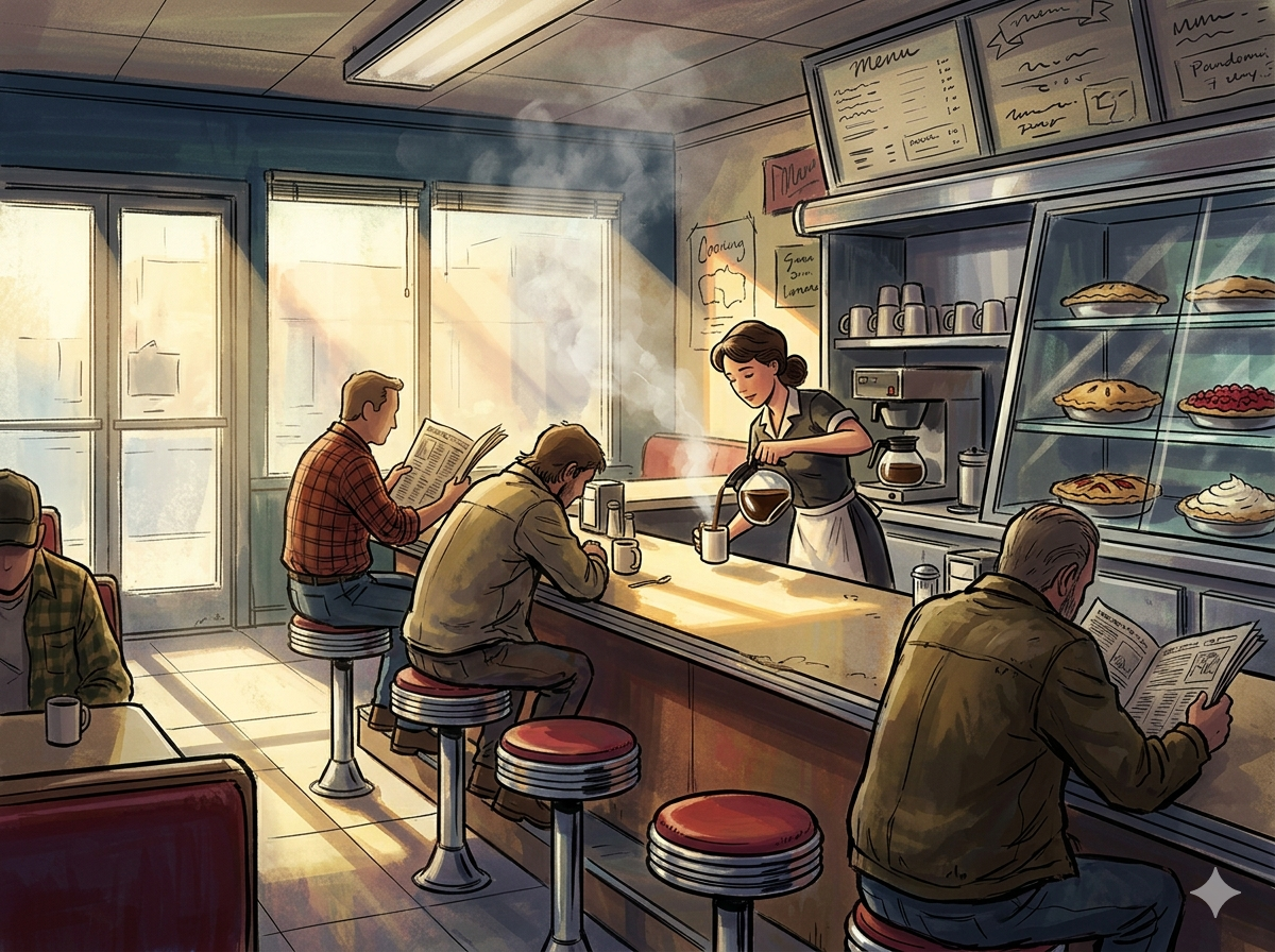 Inside an old American diner — a waitress mid-pour with a coffee pot at the chrome-rimmed counter, a few patrons reading newspapers or hunched over coffee, morning sun slanting through the windows, pies in a glass case